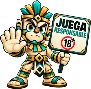 Tuki, el guerrero de TribuBet, con penacho y un cartel que dice Juega responsable, +18